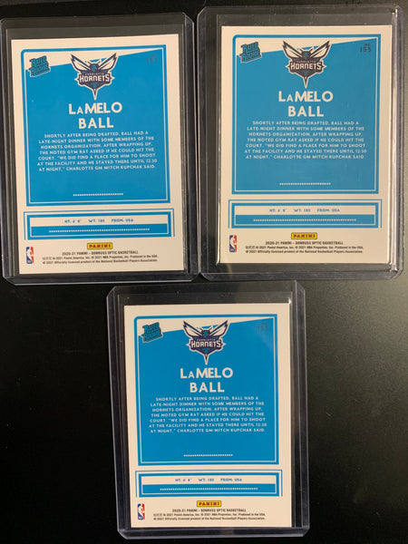 2020-2021 PANINI DONRUSS OPTIC NBA BASKETBALL CHARLOTTE HORNETS #153 - LAMELO BALL RATED ROOKIE 3 CARD LOT