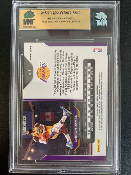 2020-21 PANINI PRIZM NBA BASKETBALL #1 LOS ANGELES LAKERS - LEBRON JAMES RED WHITE AND BLUE "KOBE DUNK" GRADED MNT 9.0 MINT