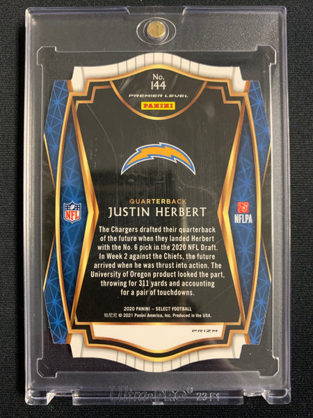 2020 PANINI SELECT FOOTBALL #144 LOS ANGELES CHARGERS - JUSTIN HERBERT PREMIER LEVEL TRI COLOR DIE CUT PRIZM ROOKIE CARD
