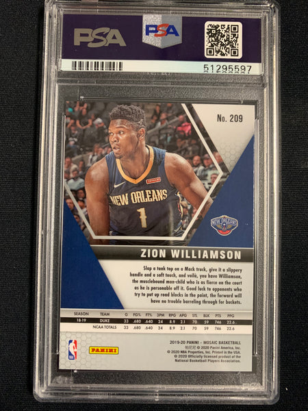 2019 PANINI MOSAIC NBA BASKETBALL #209 NEW ORLEANS PELICANS - ZION WILLIAMSON BASE ROOKIE CARD GRADED PSA 9 MINT