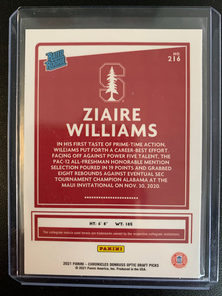 2021 PANINI CHRONICLES DRAFT PICKS BASKETBALL #216 NEW ORLEANS PELICANS - ZIAIRE WILLIAMS CHRONICLES OPTIC RATED ROOKIE CARD
