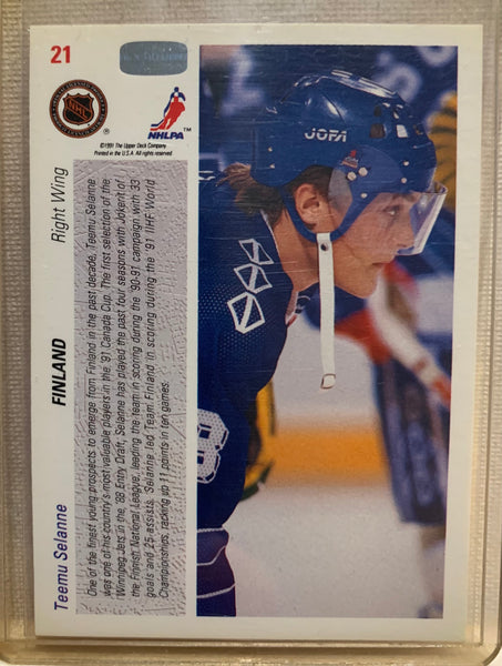 1991-92 UPPER DECK HOCKEY #21 WINNIPEG JETS - TEEMU SELANNE ROOKIE CARD RAW