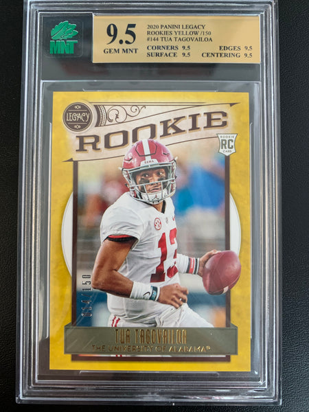 2020 PANINI LEGACY FOOTBALL #144 MIAMI DOLPHINS - TUA TAGOVAILOA PARALLEL YELLOW ROOKIE CARD GRADED MNT 9.5 GEM MINT NUMBERED 014/150