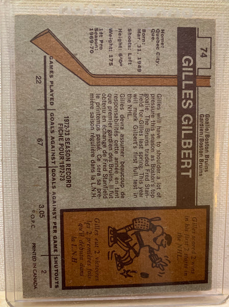 1973-74 O-PEE-CHEE HOCKEY #74 BOSTON BRUINS - GILLES GILBERT ROOKIE CARD RAW