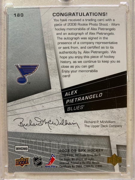 2008-09 UPPER DECK HOCKEY #180 ST.LOUIS BLUES - ALEX PIETRANGELO SPX AUTOGRAPHED JERSEY ROOKIE CARD RAW