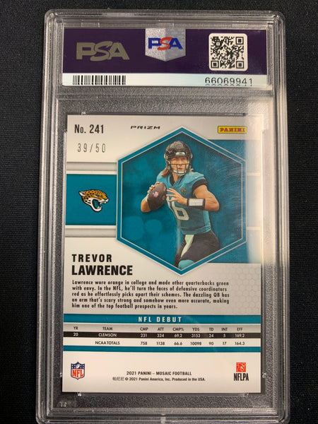 2021 MOSAIC NO HUDDLE FOOTBALL #241 JACKSONVILLE JAGUARS - TREVOR LAWRENCE NO HUDDLE PURPLE NUMBERED 39/50 GRADED PSA 10 GEM MINT (POP 3)