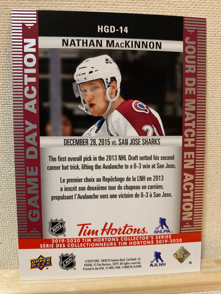 2019-20 TIM HORTONS HOCKEY #HGD-14 COLORADO AVALANCHE - GAME DAY ACTION NATHAN MACKINNON CARD RAW