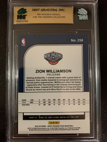 2019-2020 PANINI NBA HOOPS PREMIUM STOCK #258 NEW ORLEANS PELICANS - ZION WILLIAMSON ROOKIE CARD GRADED MNT 9.5 GEM MINT