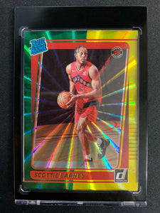 2021-22 PANINI DONRUSS BASKETBALL #236 TORONTO RAPTORS - SCOTTIE BARNES GREEN & YELLOW LASER HOLO ROOKIE CARD