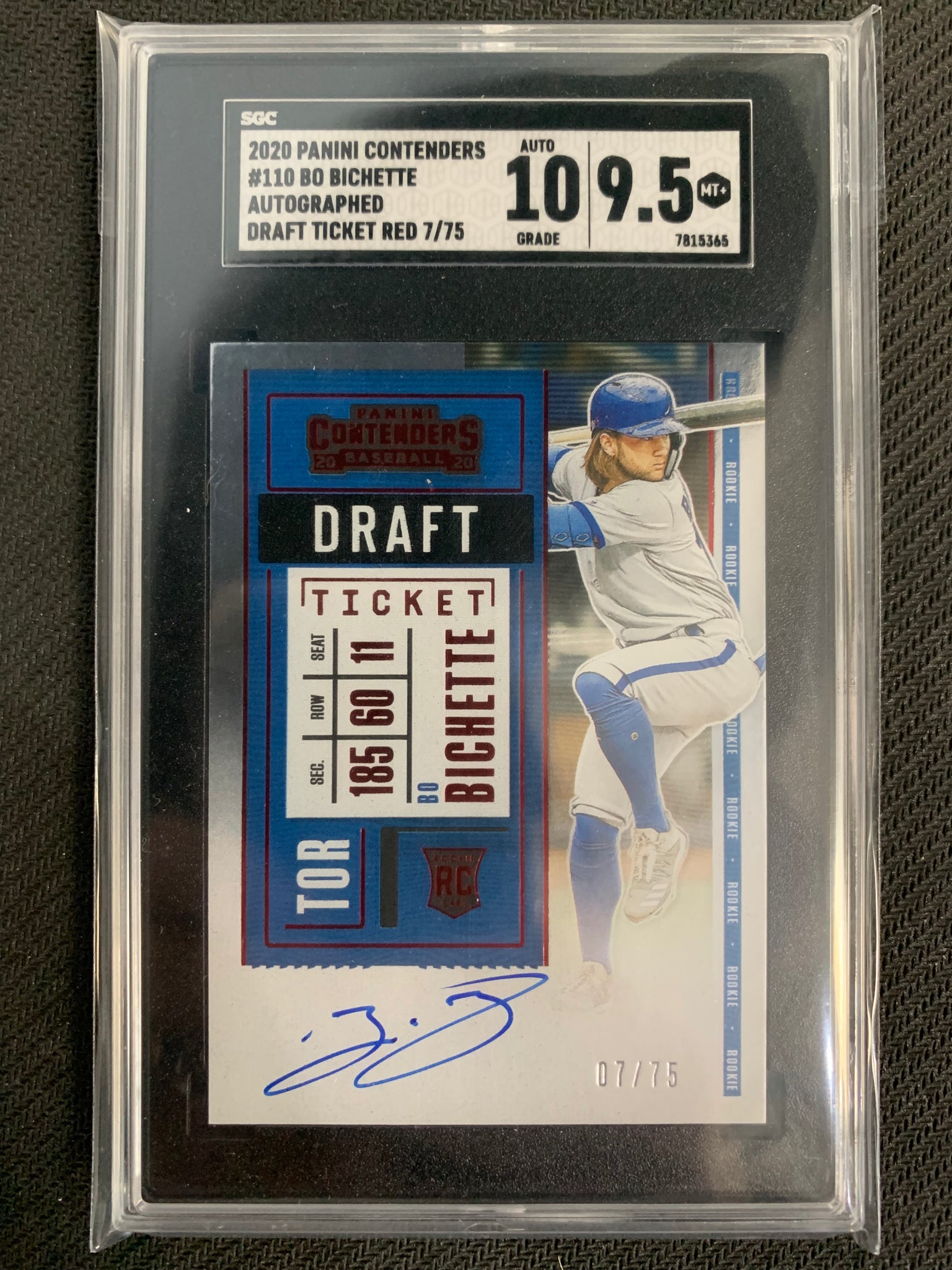 2020 PANINI CONTENDERS BASEBALL #110 TORONTO BLUE JAYS -BO BICHETTE AUTOGRAPHED DRAFT TICKET RED ROOKIE CARD #'D 07/75 GRADED SGC 9.5/10 AUTO