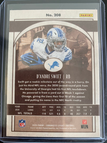 2020 PANINI CHRONICLES LEGACY FOOTBALL #208 DETROIT LIONS - D'ANDRE SWIFT ROOKIE CARD