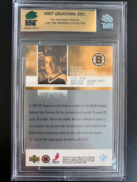 2003-04 UPPER DECK HOCKEY #204 BOSTON BRUINS - PATRICE BERGERON YOUNG GUNS ROOKIE CARD GRADED MNT 9.0 MINT