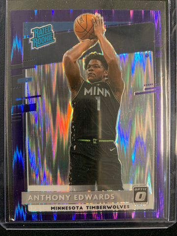 2020-2021 PANINI DONRUSS OPTIC NBA BASKETBALL #151 MINNESOTA TIMERWOLVES - ANTHONY EDWARDS OPTIC PURPLE SHOCK PRIZM RATED ROOKIE CARD