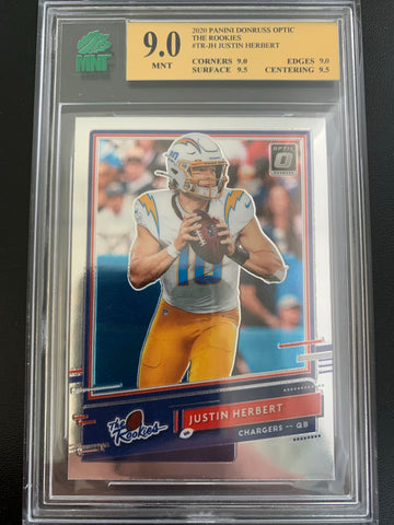 2020 PANINI DONRUSS OPTIC FOOTBALL #TR-JH LOS ANGELES CHARGERS - JUSTIN HERBERT "THE ROOKIES" ROOKIE CARD GRADED MNT 9.0 MINT