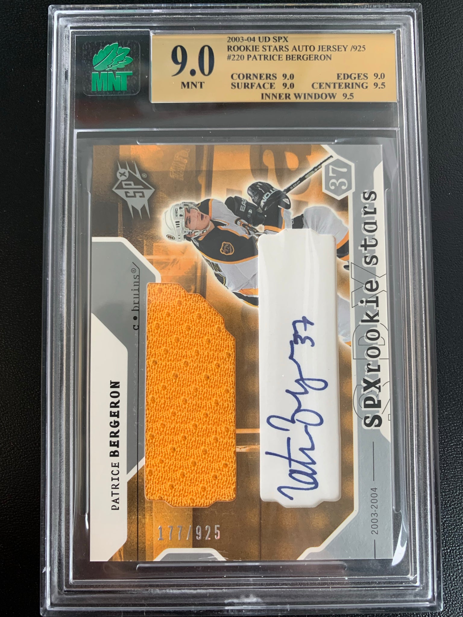 2003-04 UPPER DECK HOCKEY #220 BOSTON BRUINS - PATRICE BERGERON SPX AUTOGRAPHED JERSEY ROOKIE CARD GRADED MNT 9.0 MINT