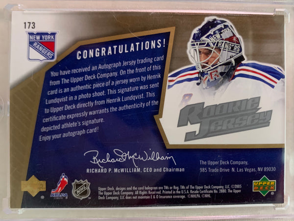 2005-06 SPX HOCKEY #173 NEW YORK RANGERS - HENRIK LUNDQVIST SPX AUTOGRAPHED JERSEY ROOKIE CARD RAW