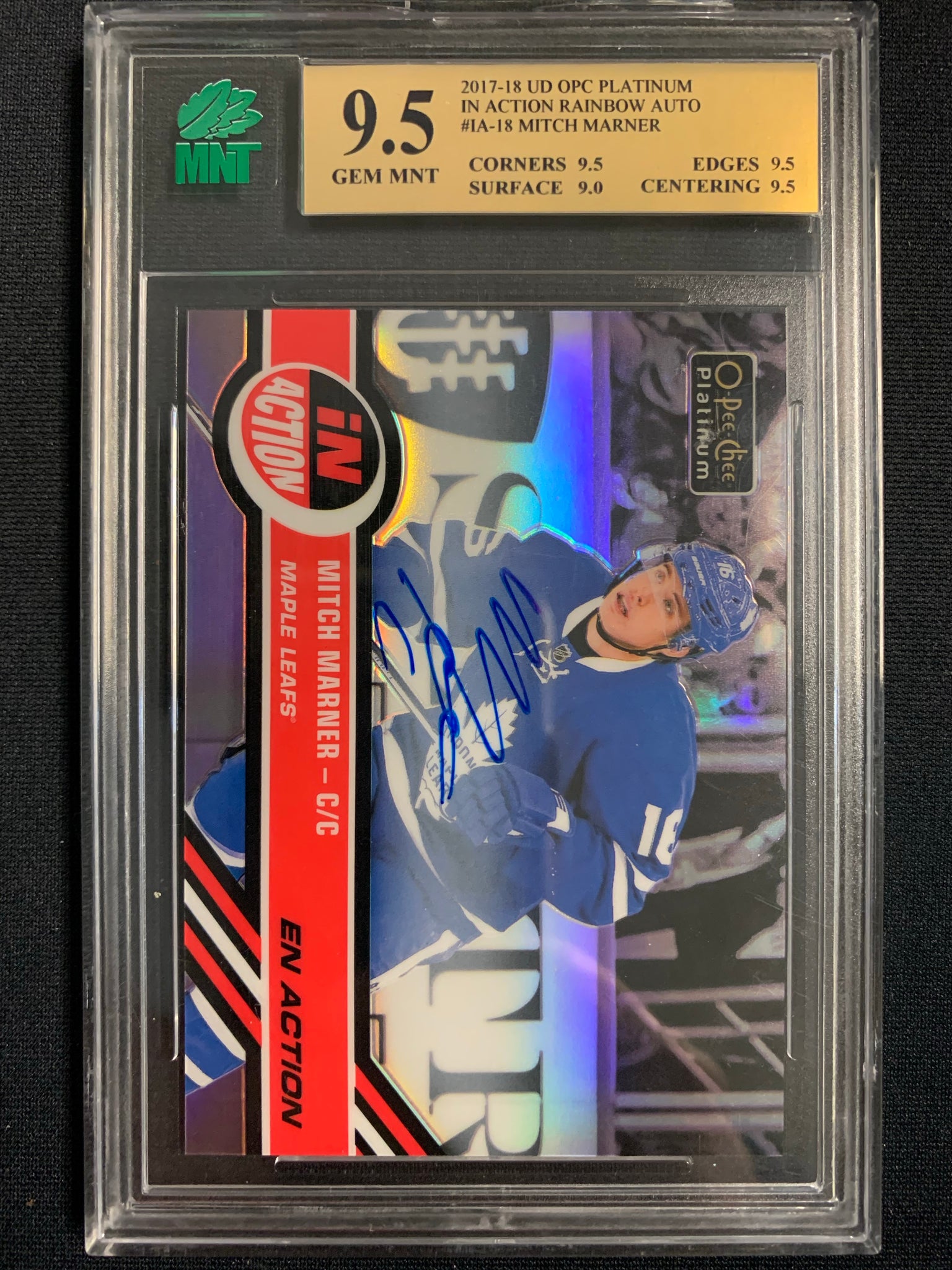 2017-18 UD OPC PLATINUM HOCKEY #IA-18 TORONTO MAPLE LEAFS - MITCH MARNER ROOKIE IN ACTION RAINBOW AUTO GRADED MNT 9.5 GEM MINT