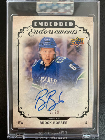 2018-19 UPPER DECK CLEAR CUT HOCKEY #EE-BB VANCOUVER CANUCKS - BROCK BOESER EMBEDDED ENDORSEMENTS ON CARD AUTOGRAPH NUMBERED 72/99