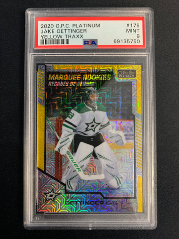 2020 UD O-PEE-CHEE PLATINUM HOCKEY #175 - DALLAS STARS - JAKE OETTINGER YELLOW TRAXX MARQUEE ROOKIE #'D 192/249 GRADED PSA 9 MINT