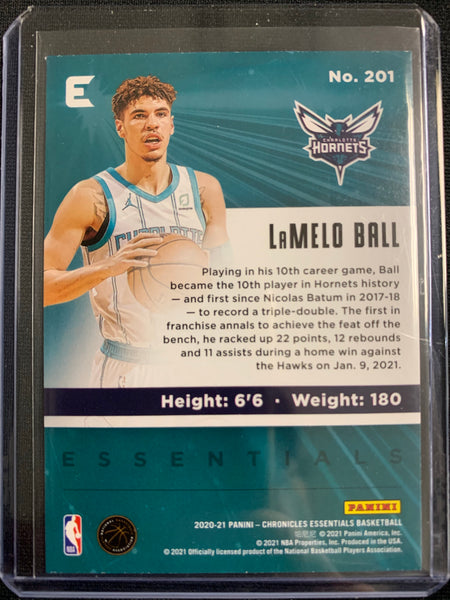 2020-2021 PANINI CHRONICLES NBA BASKETBALL #201 CHARLOTTE HORNETS - LAMELO BALL PANINI ESSENTIALS ROOKIE CARD