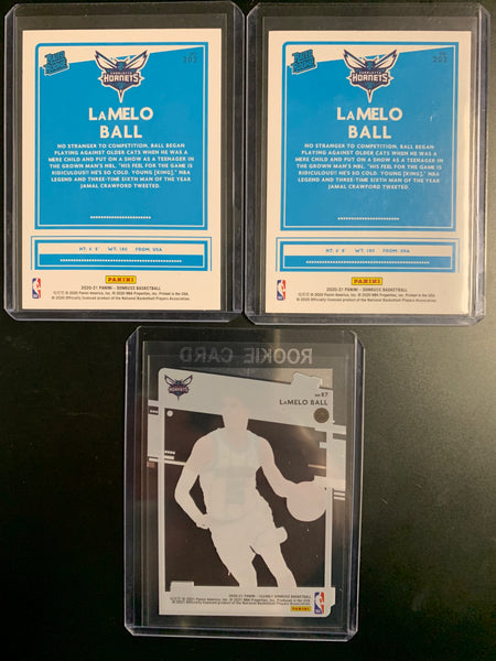 2020-2021 PANINI DONRUSS NBA BASKETBALL CHARLOTTE HORNETS - LAMELO BALL RATED ROOKIE 3 CARD LOT