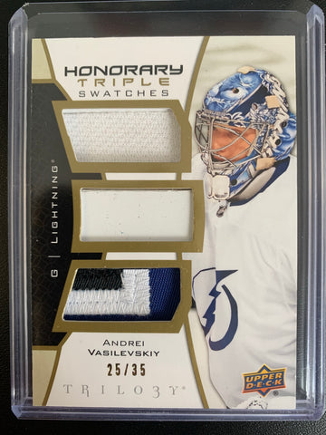 2020-21 UPPER DECK TRILOGY HOCKEY #HTS-AV TAMPA BAY LIGHTNING - ANDREI VASILEVSKIY TRIPLE SWATCHES INSERT CARD NUMBERED 25/35