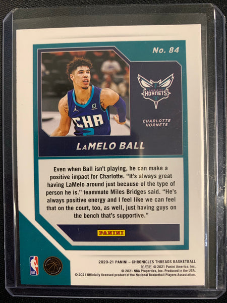 2020-2021 PANINI CHRONICLES NBA BASKETBALL #84 CHARLOTTE HORNETS - LAMELO BALL PANINI THREADS ROOKIE CARD