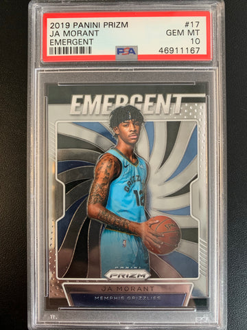 2019 PANINI PRIZM NBA BASKETBALL #17 MEMPHIS GRIZZLIES - JA MORANT EMERGENT ROOKIE CARD GRADED PSA 10 GEM MINT