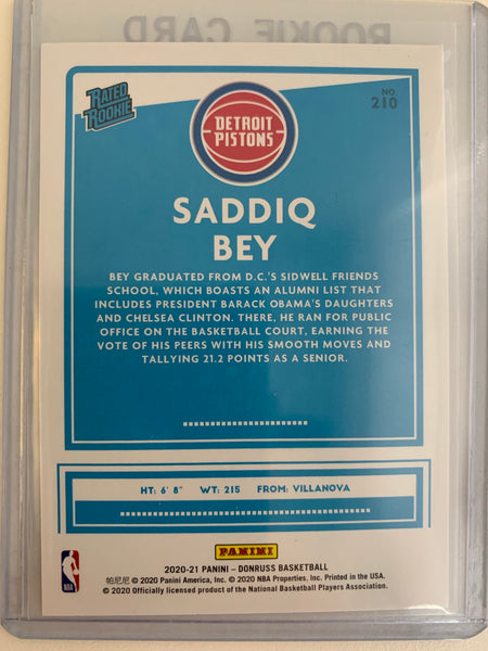 2020-2021 PANINI DONRUSS NBA BASKETBALL #210 NEW YORK KNICKS - SADDIQ BEY DONRUSS RATED ROOKIE CARD