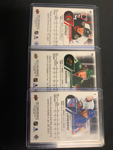 2020-21 UD NHL ROOKIE SET HOCKEY LOT OF 3 ROOKIES  - #1 ALEXIS LAFRENIERE / #25 KIRILL KAPRIZOV / #23 TIM STUTZLE