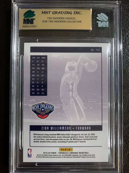 2019-2020 PANINI NBA CHRONICLES LUMINANCE #143 NEW ORLEANS PELICANS - ZION WILLIAMSON ROOKIE CARD GRADED MNT 9.5 GEM MINT