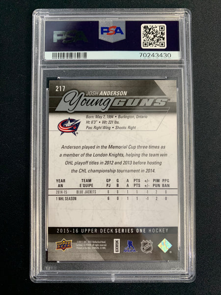 2015 UPPER DECK SERIES 1 HOCKEY #217 - COLUMBUS BLUE JACKETS - JOSH ANDERSON YOUNG GUNS ROOKIE GRADED PSA 10 GEM MINT