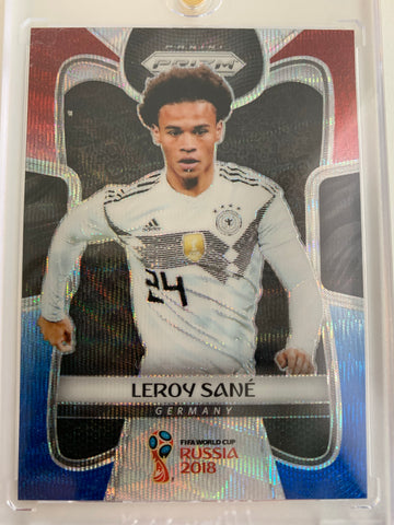 2018 PANINI PRIZM WORLD CUP SOCCER #93 GERMANY - LEROY SANE WORLD CUP PRIZM RED WHITE & BLUE PARALLEL CARD
