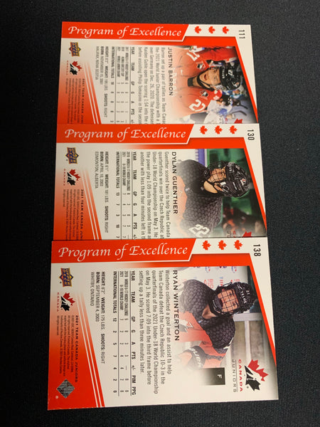 2021 UPPER DECK TEAM CANADA JUNIORS HOCKEY RED POE EXCLUSIXES LOT /165 - JUSTIN BARRON #111 , DYLAN GUENTHER #130 , RYAN WINTERTON #138