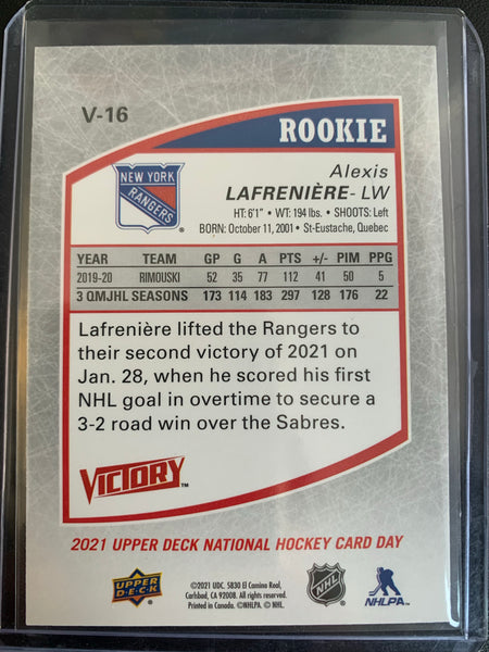 2020-21 UPPER DECK NATIONAL HOCKEY CARD DAY #V-16 NEW YORK RANGERS - ALEXIS LAFRENIERE VICTORY BLACK SSP ROOKIE CARD