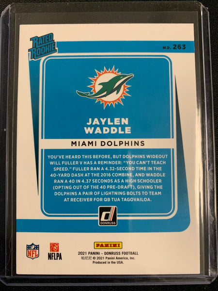 2021 PANINI DONRUSS FOOTBALL #263 MIAMI DOLPHINS - JALEN WADDLE PRESS PROOF BLUE RATED ROOKIE