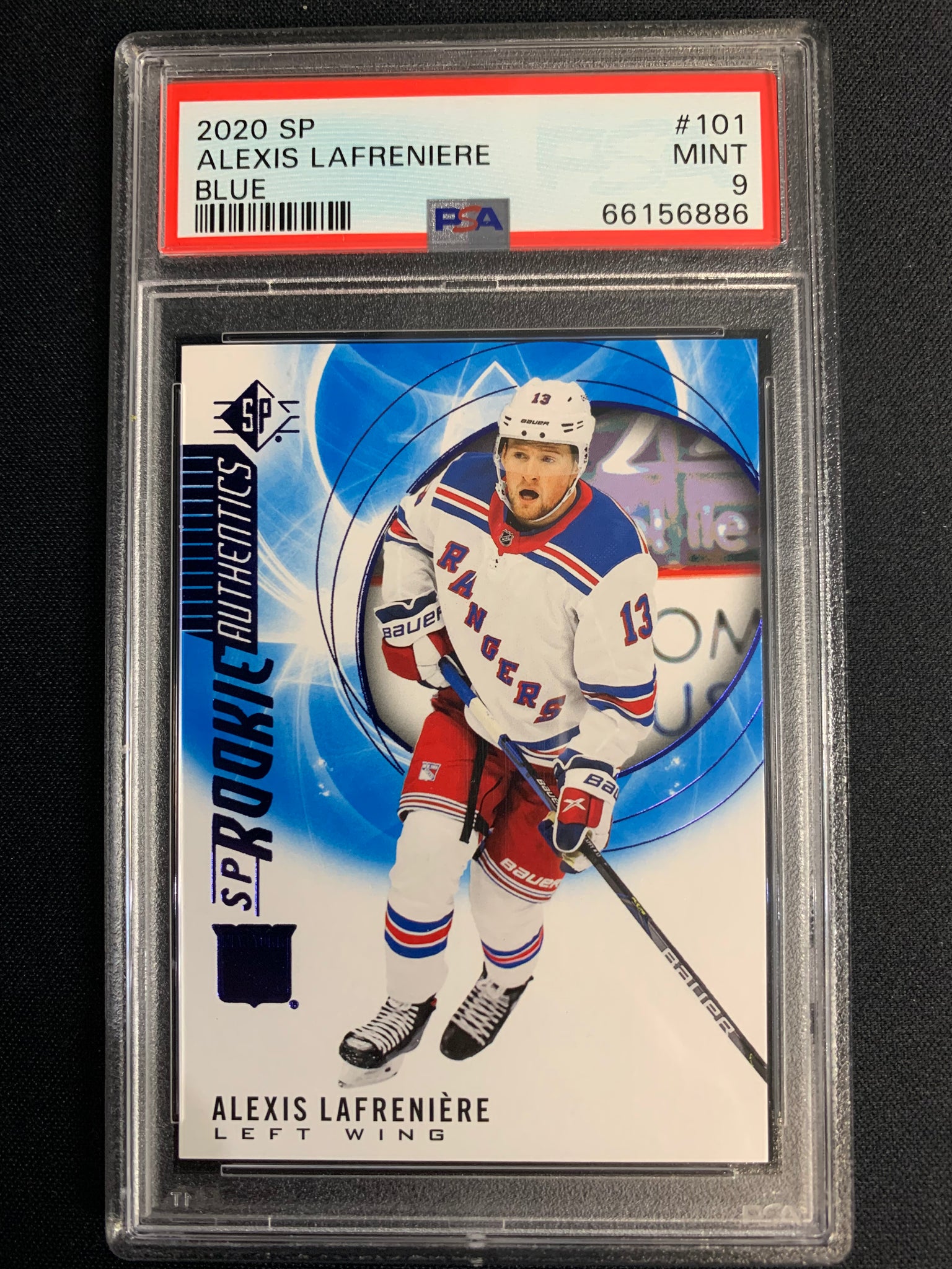 2020 UPPER DECK SP HOCKEY #101 - NEW YORK RANGERS - ALEXIS LAFRENIERE ROOKIE AUTHENTICS BLUE GRADED PSA 9 MINT