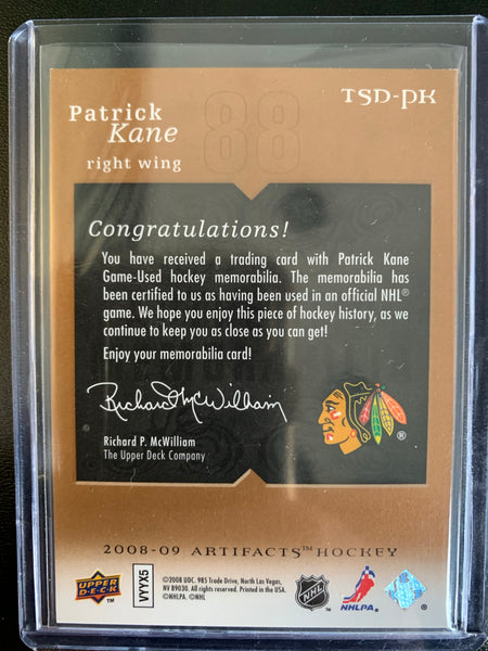 2008-09 UPPER DECK ARTIFACTS HOCKEY #TSD-PK CHICAGO BLACKHAWKS - PATRICK KANE GAME USED TREASURED SWATCHES NUMBERED 182/199