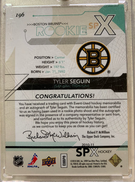 2010-11 UPPER DECK HOCKEY #196 BOSTON BRUINS - TYLER SEGUIN SPX AUTOGRAPHED JERSEY ROOKIE CARD RAW