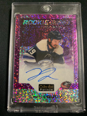 2020-21 UPPER DECK OPC PLATINUM HOCKEY #R-LF COLUMBUS BLUE JACKETS - LIAM FOUDY VIOLET PIXELS ROOKIE AUTOGRAPHS ROOKIE CARD