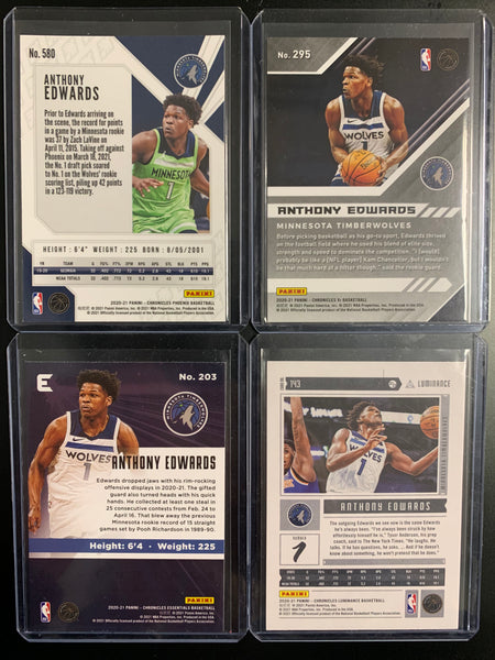 2020-2021 PANINI CHRONICLES NBA BASKETBALL MINNESOTA TIMBERWOLVES - ANTHONY EDWARDS ROOKIE -  4 CARD LOT
