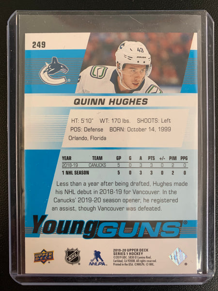 2019-20 UPPER DECK HOCKEY #249 VANCOUVER CANUCKS - QUINN HUGHES YOUNG GUNS ROOKIE CARD