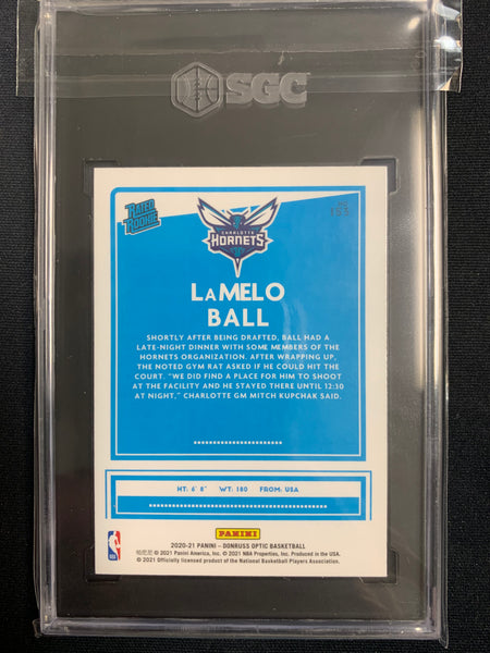 2020-2021 PANINI DONRUSS OPTIC NBA BASKETBALL #153 CHARLOTTE HORNETS - LAMELO BALL BLUE VELOCITY PRIZM RATED ROOKIE CARD GRADED SGC 10 GEM MINT
