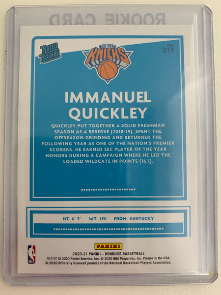2020-2021 PANINI DONRUSS NBA BASKETBALL #213 NEW YORK KNICKS - IMMANUEL QUICKLEY DONRUSS RATED ROOKIE CARD