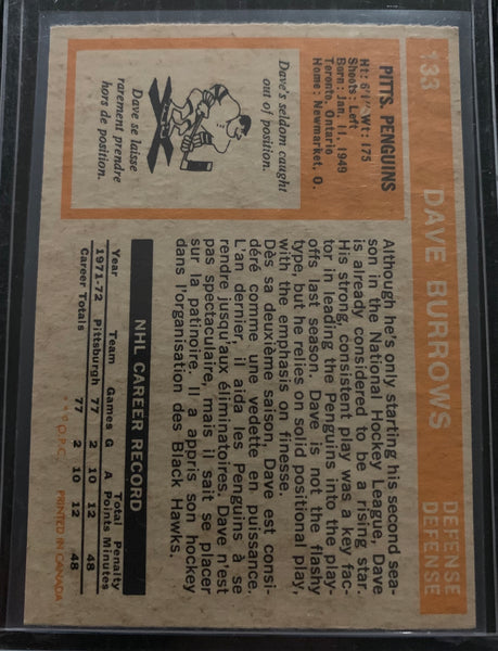 1972-73 O-PEE-CHEE HOCKEY #133 PITTSBURGH PENGUINS - DAVE BURROWS ROOKIE CARD RAW