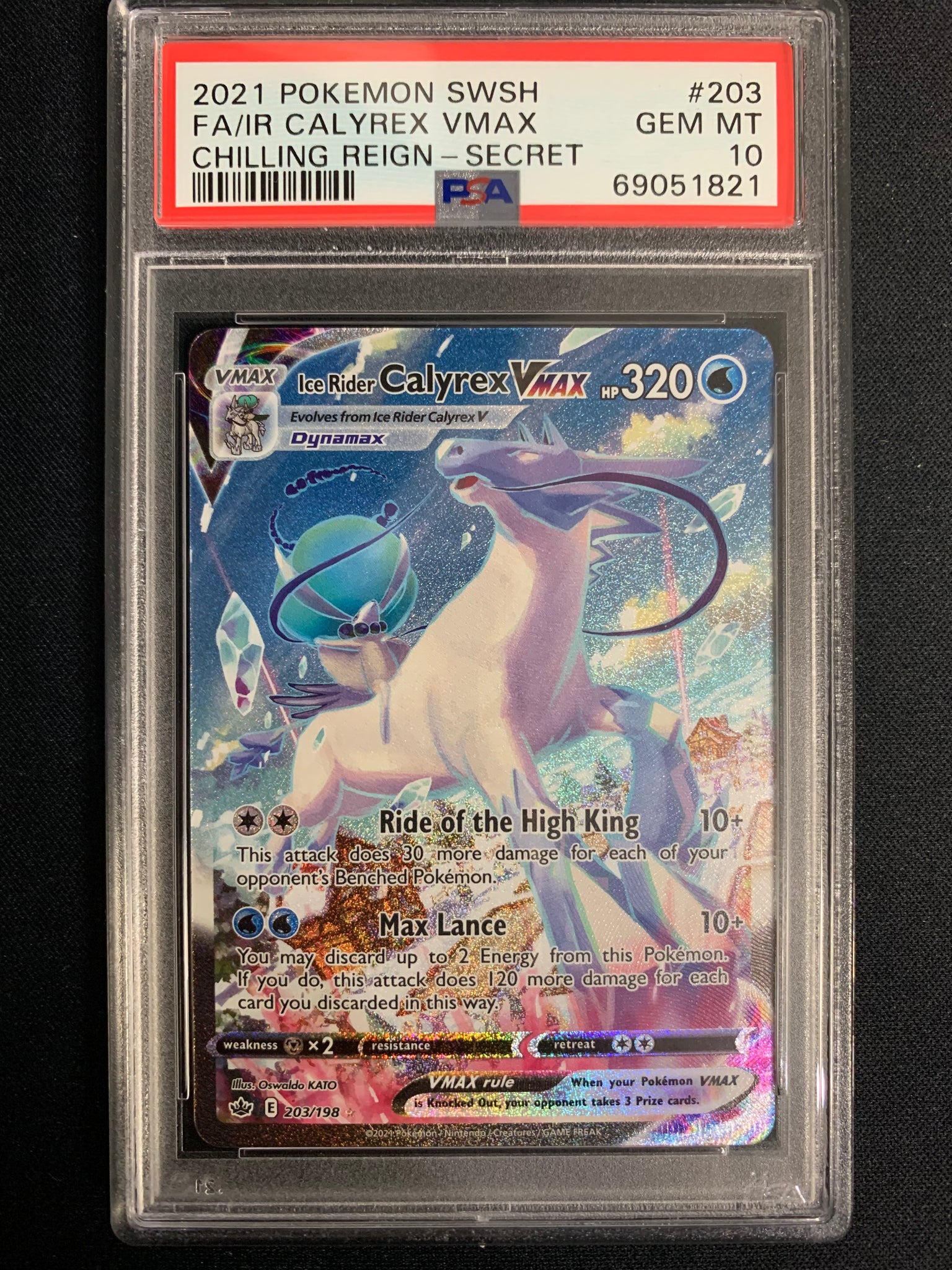 2021 POKEMON CHILLING REIGN ICE RIDER CALYREX VMAX F/A SECRET RARE #203 - GRADED PSA 10 GEM MINT