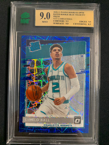 2020-2021 PANINI DONRUSS OPTIC NBA BASKETBALL #153 CHARLOTTE HORNETS - LAMELO BALL BLUE VELOCITY PRIZM RATED ROOKIE CARD GRADED MNT 9.0 MINT