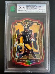 2020 PANINI SELECT FOOTBALL #170 PITTSBURGH STEELERS - CHASE CLAYPOOL PREMIER LEVEL RED DIE-CUT PRIZM ROOKIE CARD GRADED MNT 8.5 NMNT- MINT