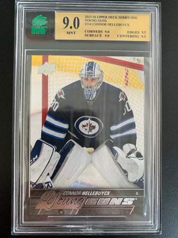 2015-16 UPPER DECK HOCKEY #214 WINNIPEG JETS - CONNOR HELLEBUYCK YOUNG GUNS ROOKIE CARD GRADED MNT 9.0 MINT