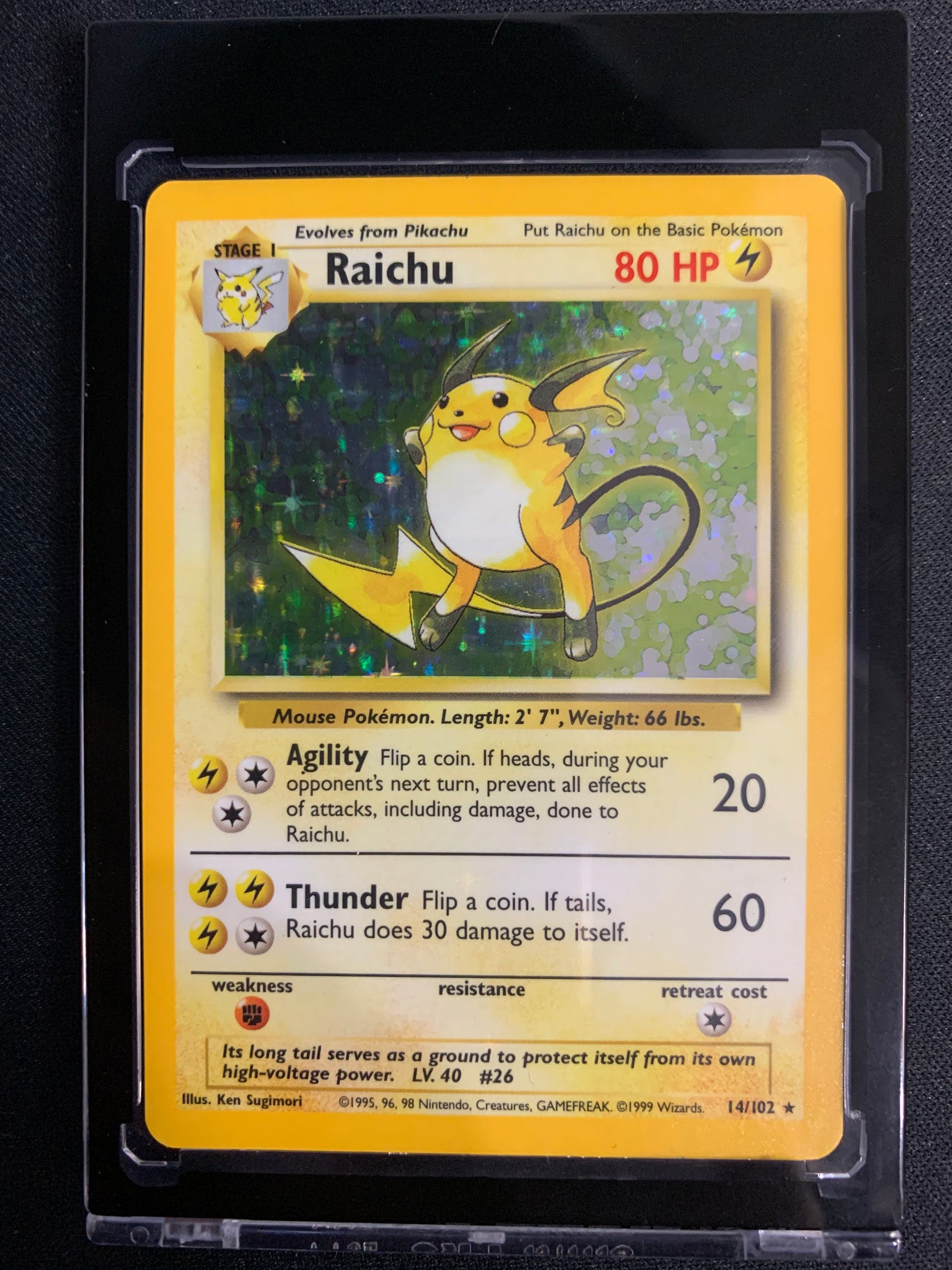 1999 POKEMON BASE SET UNLIMITED - RAICHU HOLO RARE 14/102 - MINT NEVER PLAYED